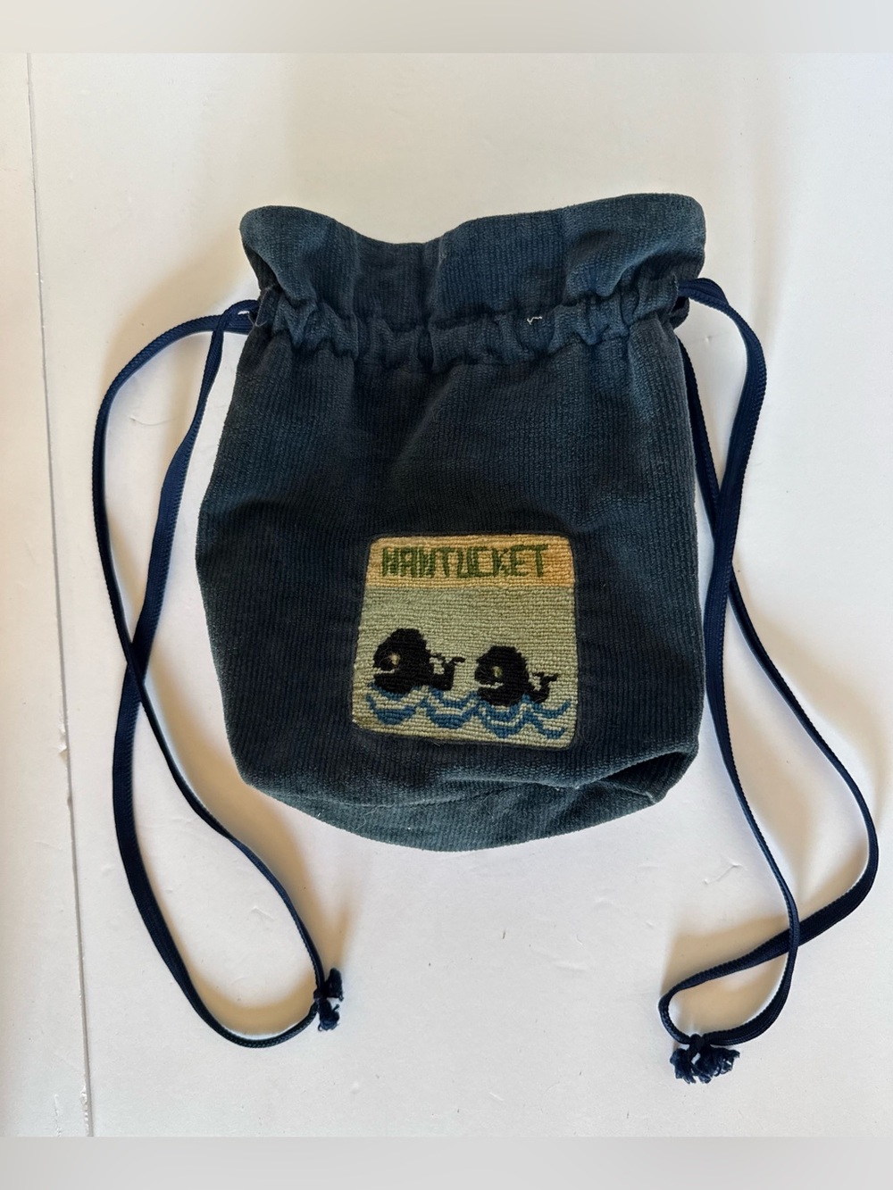 vintage corduroy drawstring pouch needlepoint embroidered NANTUCKET whales
